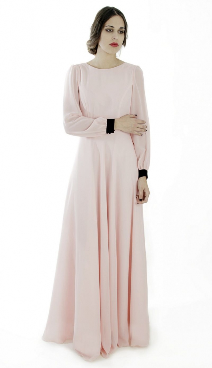 vestido largo de fiesta rosa palo manga larga para boda